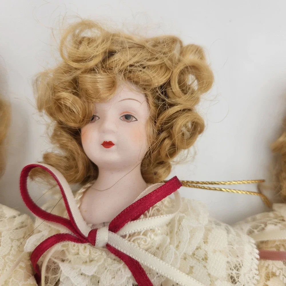 Set of 6 Vintage Porcelain Angel Ornaments Lace Gown Victorian Shabby Chic Decor